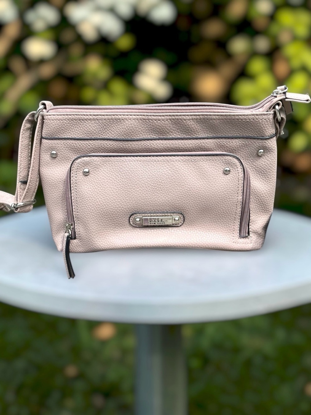 Nicole Miller New York Dusty Mauve Taupe Crossbody Bag Adjustable Strap